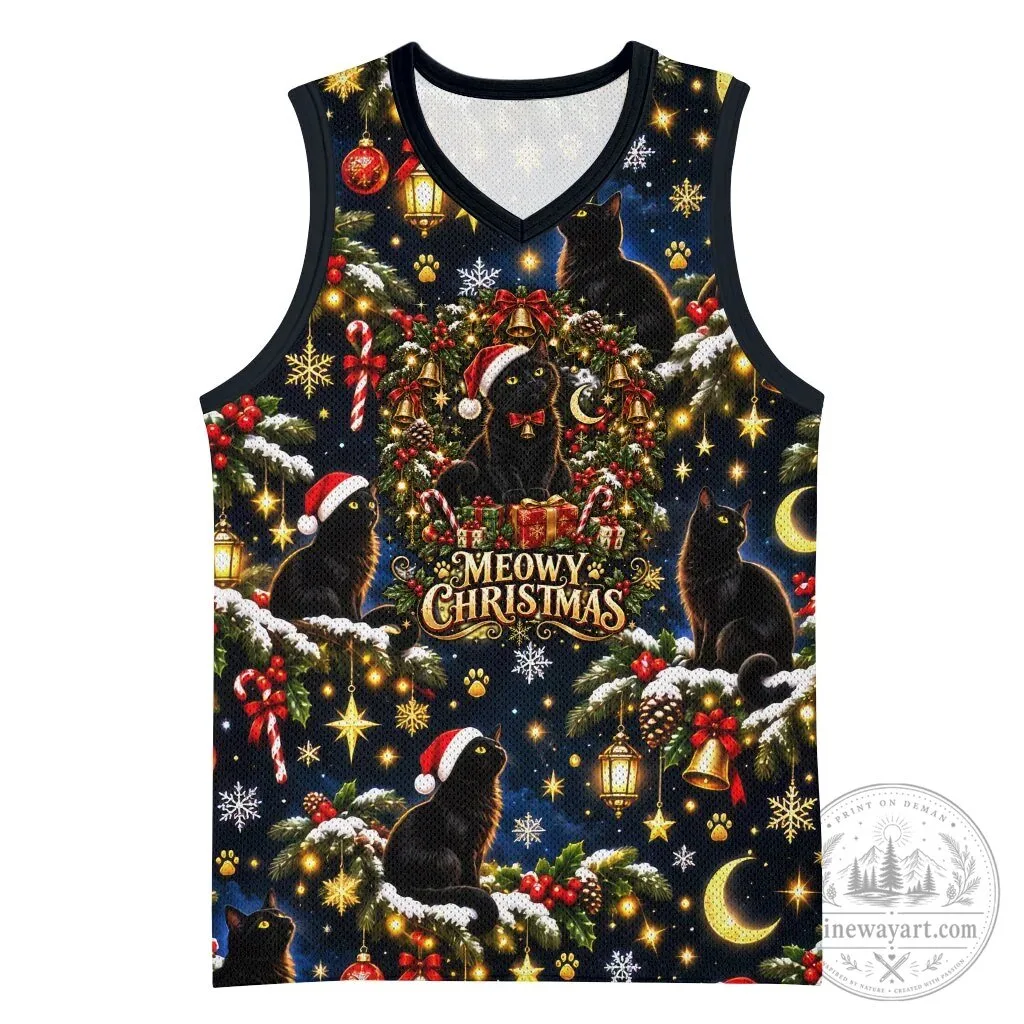 Black Cat Meowy Christmas Festive Night Tree Snow Stars Holiday Basketball Jersey