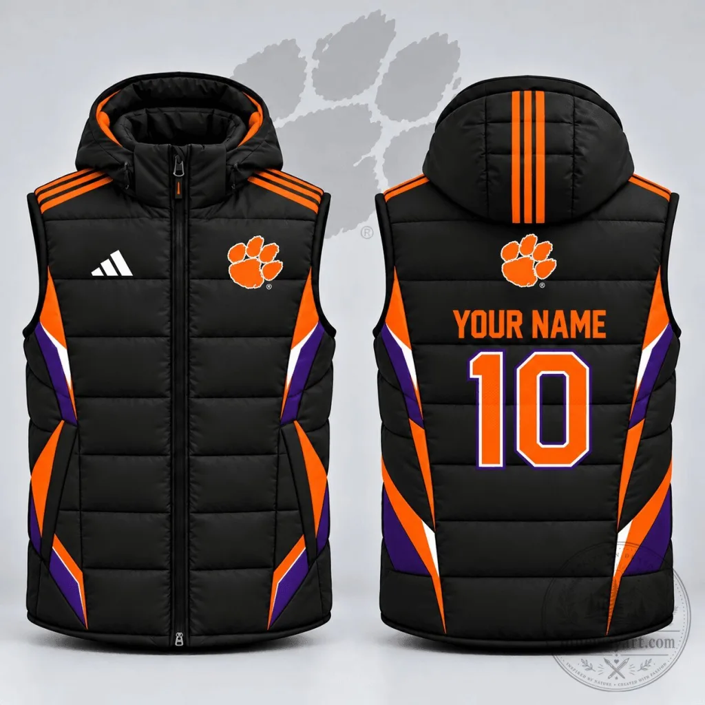 Clemson Tigers NCAA Stealth Velocity Custom Name Number Detachable Hood Puffer Vest Clemson Tigers NCAA Stealth Velocity Custom Name Number Detachable Hood Puffer Vest