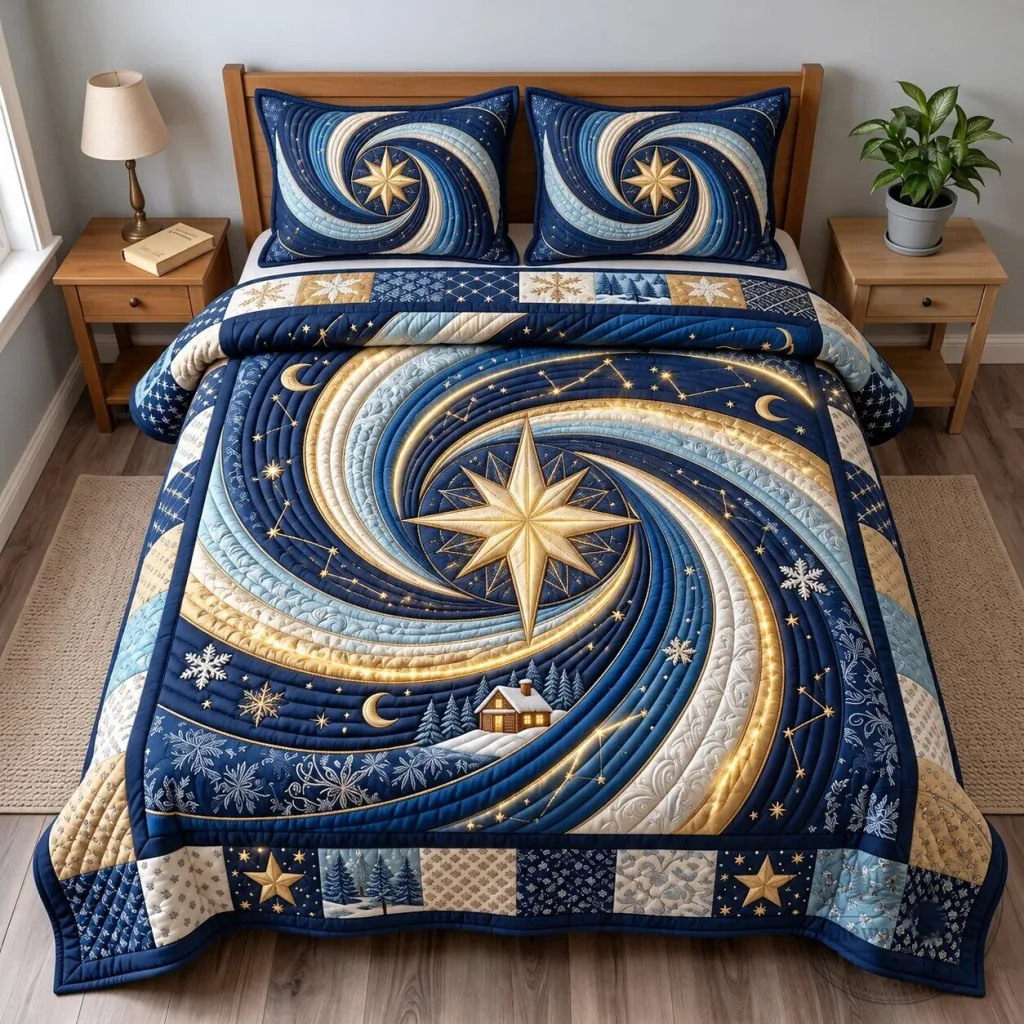 Midnight Christmas Star Swirl Quilted Bedding Set Midnight Christmas Star Swirl Quilted Bedding Set