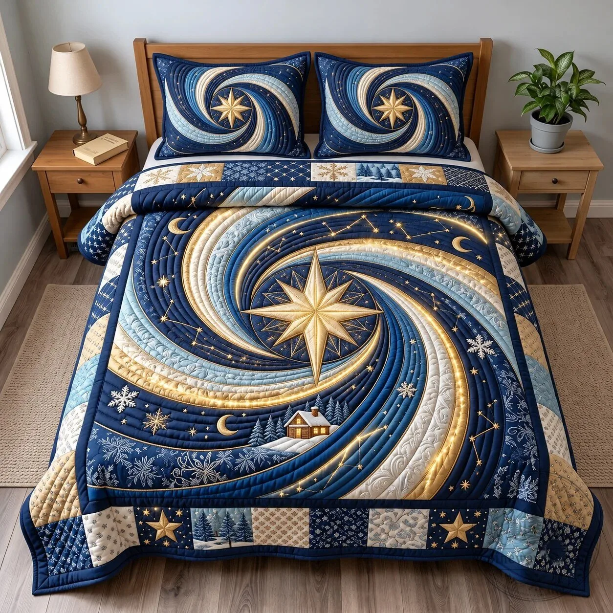 Midnight Christmas Star Swirl Quilted Bedding Set